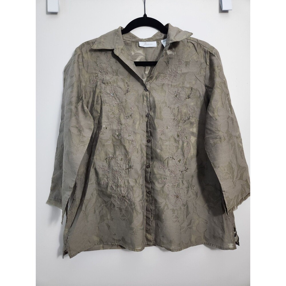 JH Collectibles Womens L Button Up 3/4 Sleeve Popover Layering Shirt Top Green